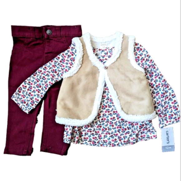 Carter's Other - NWT Carter's Baby Girls 3-PC Sherpa Vest Set Floral L/S Dress Pant Outfi…